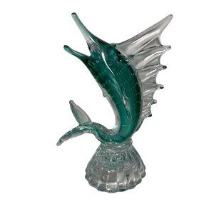 Marlin Fish Figurine Clear & Teal 8" Tall Bubbles Vintage Handblown Glass Ocean